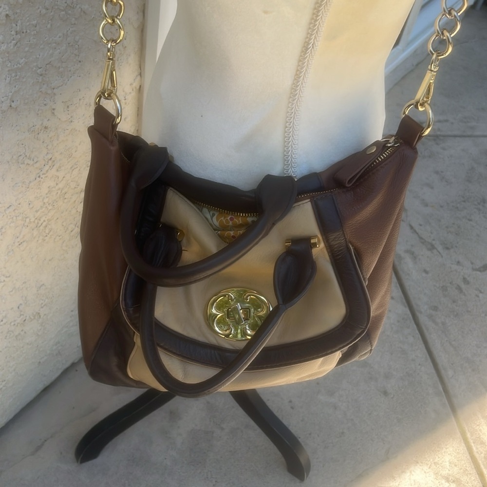Emma Fox Leather Tri Color Satchel Crossbody Chain Detail Purse
